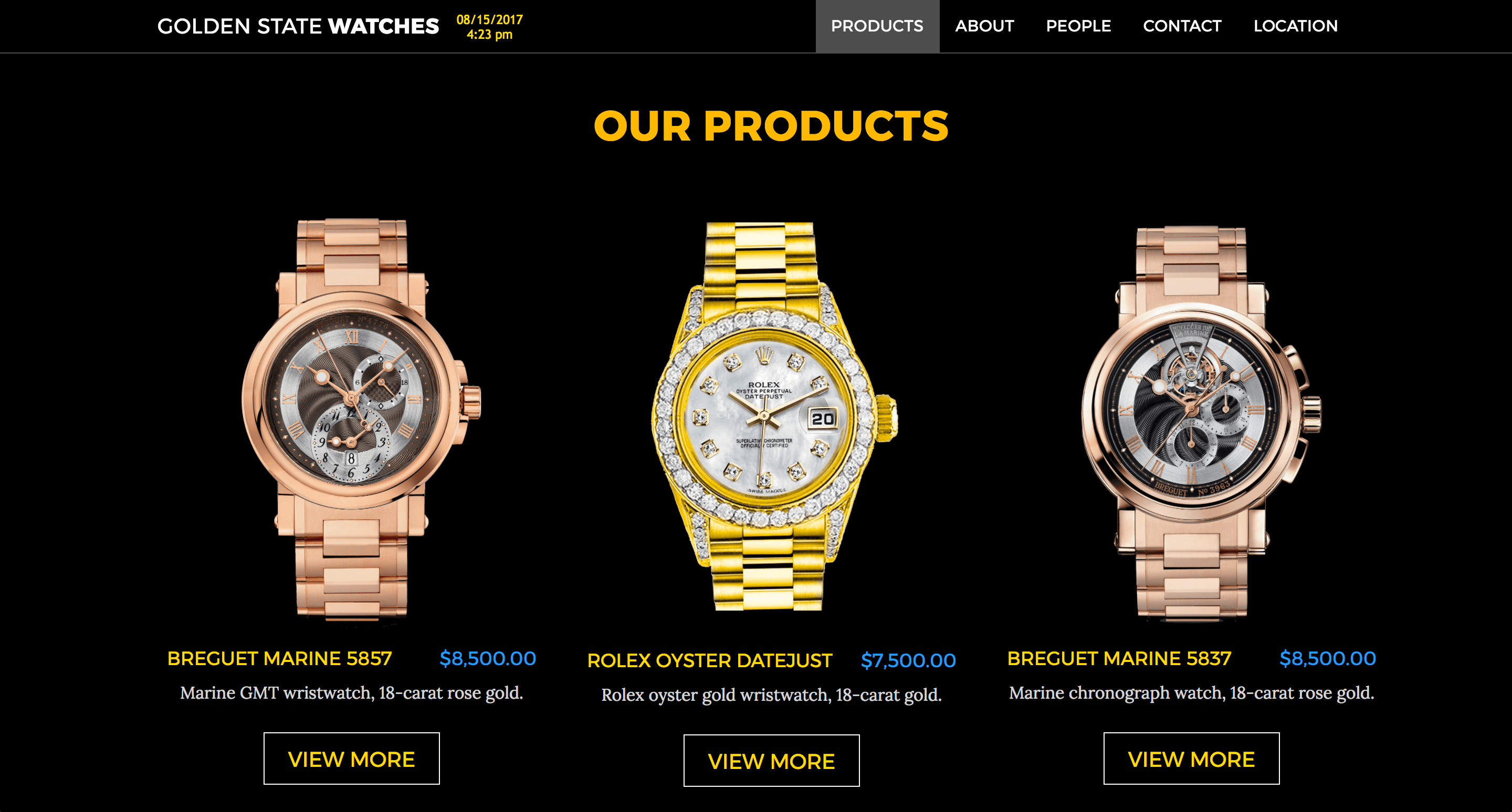 Screenshot of Golden State Watches Page